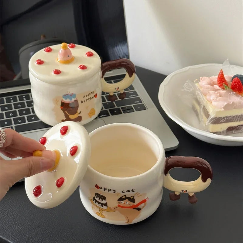 YOUMIKA  -  Birthday Gift Box Coffee Cup Cartoon Ilustration Underglaze Color Creative Cake with Lid Ceramic Water Cup Couple