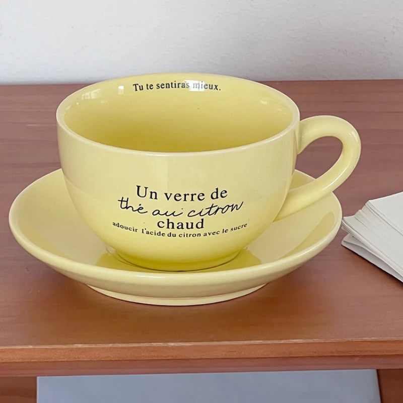 YOUMIKA  -  Retro Milk Yellow French Coffee Cup Plate Breakfast Cup Ceramic Tableware Afternoon Tea Cup