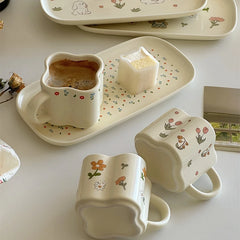 YOUMIKA  -  Korean Style Cup Tray Cute Floral Bear Ceramic Mug Tray Afternoon Tea Tray Trays Decorative