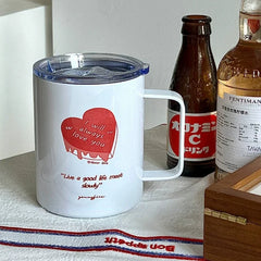 YOUMIKA  -  Red Love Printed Stainless Steel Insulated Mug with Lid Office Coffee Cup Cup Lid Water Bottle Kawaii Water Bottle