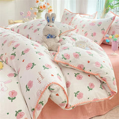 YOUMIKA  -  Ins Pink Flowers Rabbit Comforter Bedding Set Soft Washed Cotton Bed Sheet Girls Kids Quilt Cover Pillowcase Bed Linens