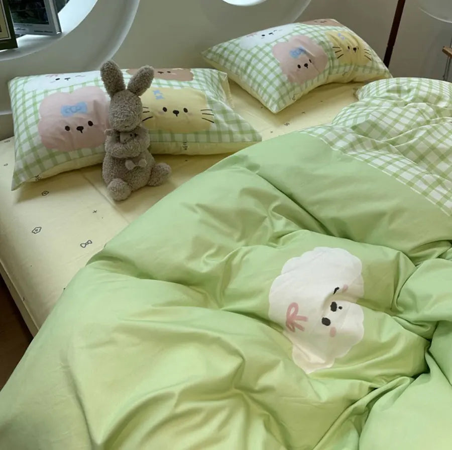 YOUMIKA  -  Cute cartoon rabbit cat bear dog bedding set,twin full queen green plaid cotton home textile bed sheet pillow case quilt cover