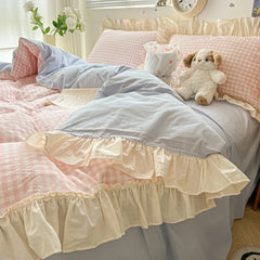 YOUMIKA  -  Bed Sheets Set Ruffles Duvet Cover Pillowcase with Sheets Plaid Style Quilt Cover Set Home Bedding Bed Linen Set