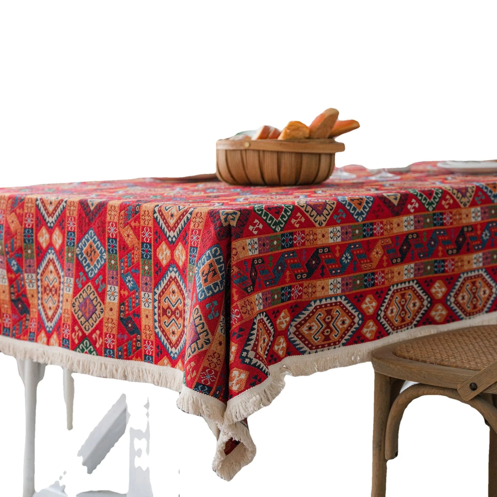 YOUMIKA  -  Cotton Linen Red Seal Tablecloth, Beige Tassels, Tablecover, American Rural Styles, Nation, Bohemian Style