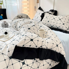 YOUMIKA  -  2024 New Korean Fresh Cream Fengyun Duo Cotton Edge Four Piece Set Black and White Printing Series