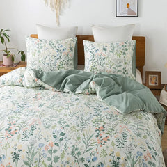 YOUMIKA  -  Garden Style Floral Duvet Cover 100% Cotton Duvet Covers Ultra Soft Green Floral Bedding Sets with Zipper Closure