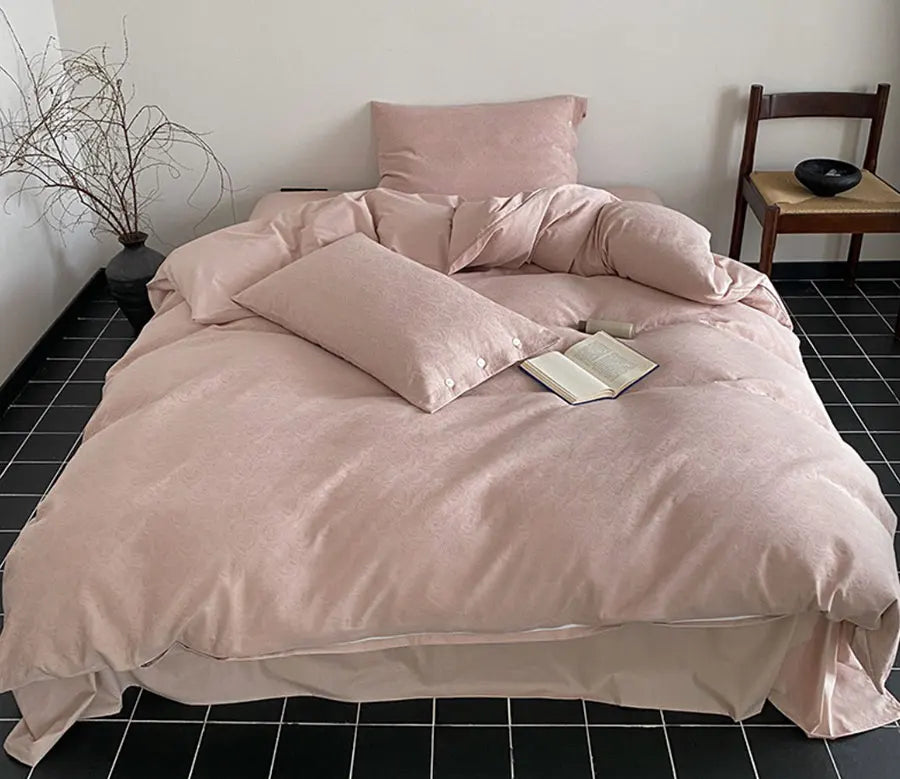 YOUMIKA  -  Elegant flower rose pink solid bedding set,full queen king jacquard pure cotton home textile bed sheet pillow case duvet cover