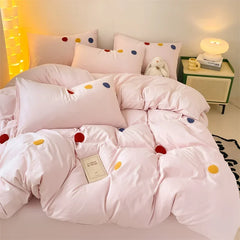 YOUMIKA  -  INS Pink Bedding Set Solid Color Soft Bed Flat Sheet Pillowcase Adults Kids Single Twin Full Queen Size Cute Dots Duvet Cover