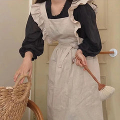 YOUMIKA  -  Home Cotton Linen Pinafore with Lotus Leaf Lace Japanese Korean Flouncing Kitchen Coffee Shop Working Falbala Apron kawaii