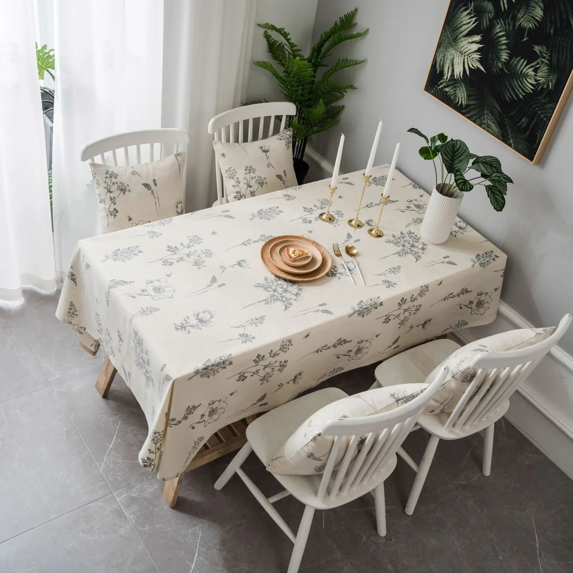 YOUMIKA  -  Cotton Linen Tablecloth with Grey Flower and Bee, Pastoral Style, Table Cover, Decoration for Kitchen, Wedding, Dining Room