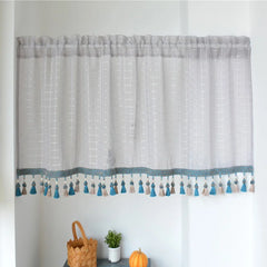 YOUMIKA  -  Boho Kitchen Curtains Modern Farmhouse Cotton Linen Short Window Panel Country Gingham Tassel Cafe Semi-Sheer Curtain Decoration