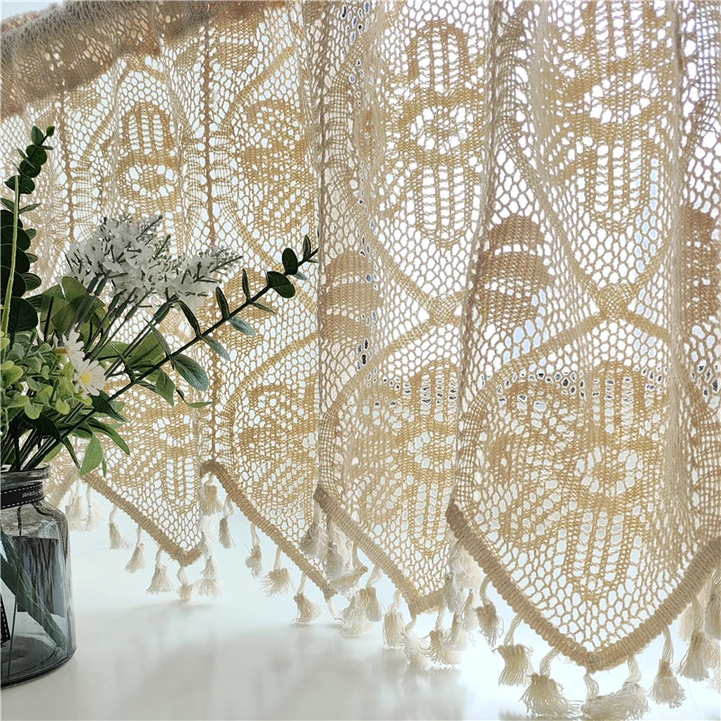 YOUMIKA  -  Lace Curtain Valance Macrame Window Decor with Boho Style Handmade Tassels Floral Sheer Curtains for Kitchen Rod Pockets 1 Panel