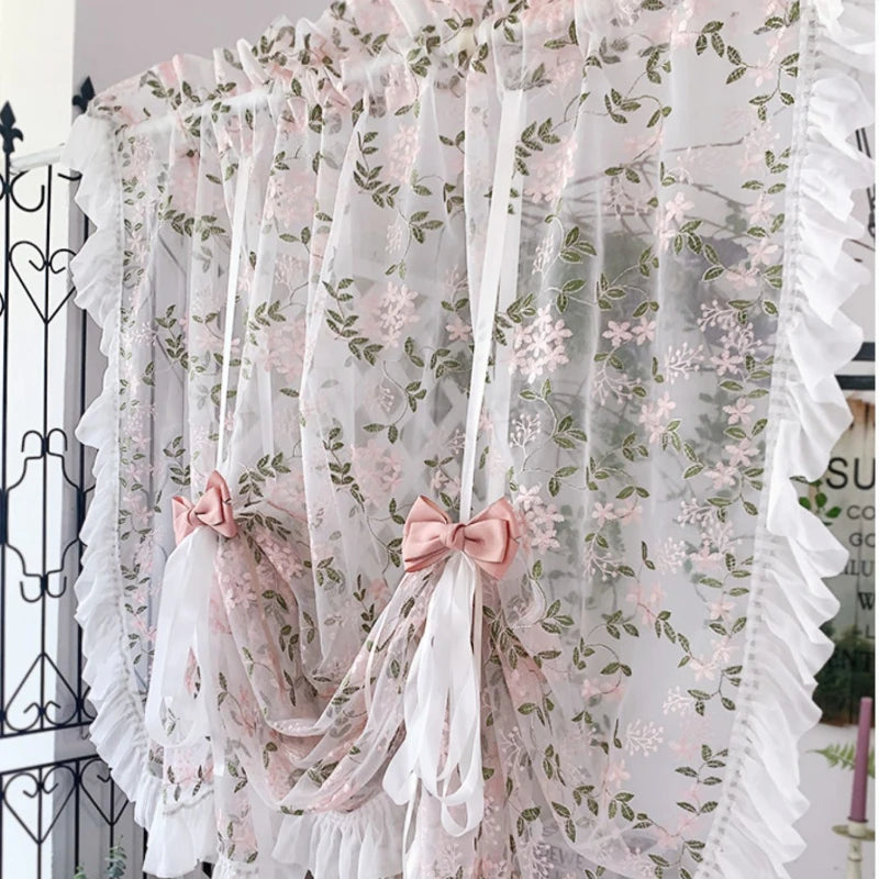 YOUMIKA  -  Pink Embroidered Lace Gauze Pleated Light-transmitting Punch-free Balcony Lift Curtains for Living Dining Room Bedroom