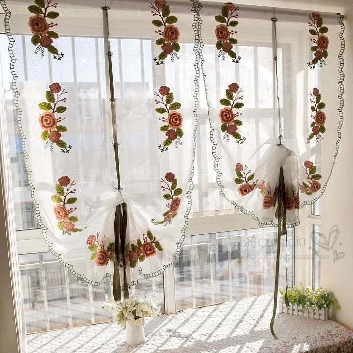 YOUMIKA  -  Pastoral flower curtains cotton and linen drifters lifting Roman curtains American style shading living room partition gauze