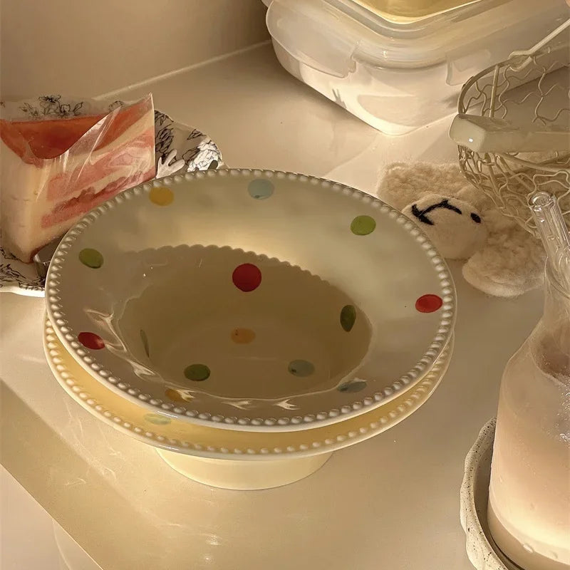 YOUMIKA  -  Wind Milk Yellow Colored Polka Dot Underglaze Ceramic Straw Hat Bowl Fruit Bowl Dormitory Home Cute Deep Plate