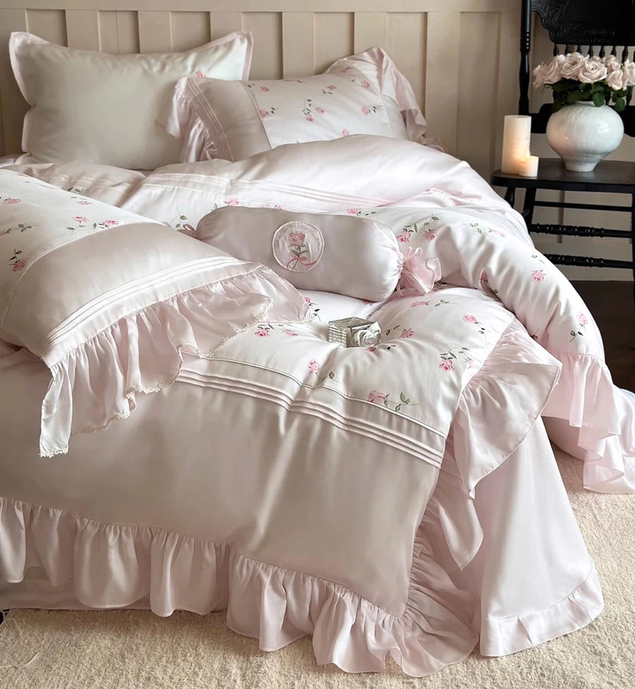 YOUMIKA  -  Romantic sweet french pink flower bedding set,full queen king fairyfair ruffled home textile bed sheet pillow case quilt cover