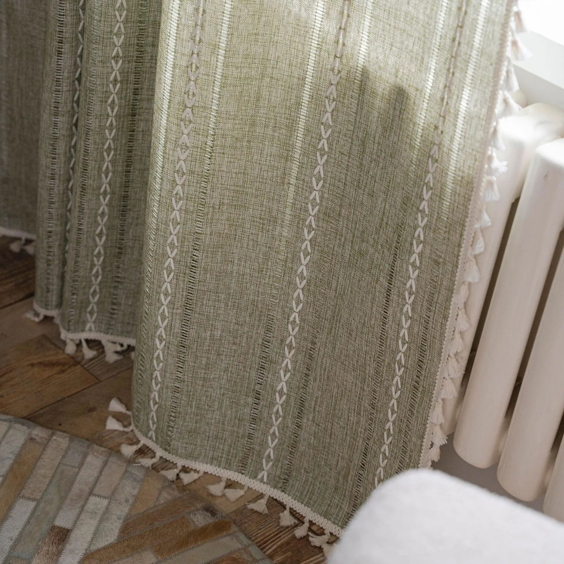 YOUMIKA  -  Polyester Green Transparent Curtains, Beige Line Curtain with Broom Tassels, Bedroom and Living Room