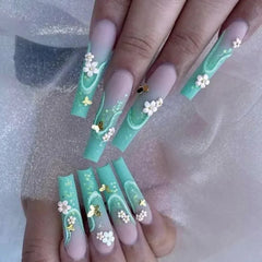 YOUMIKA  -  24Pc Long Green False Nails 3D Camellia Butterfly Design Fake Nail Coffin Ballet Press on Nails Artificial Wearable Finished Tip