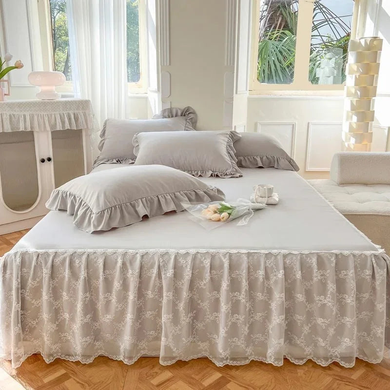 YOUMIKA  -  3PCS Lace Skirt Bedding Bed Princess Beige Lace Bed Skirt And Pillowcase Bed Cover Bedspread Bed Sheet Anti Slip Protective