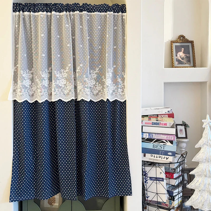 YOUMIKA  -  Navy Dots Curtains with White Lace Double Layer for Cafe Kitchen Bedroom Aesthetic Living Room Decor Window Wall Home Decoration