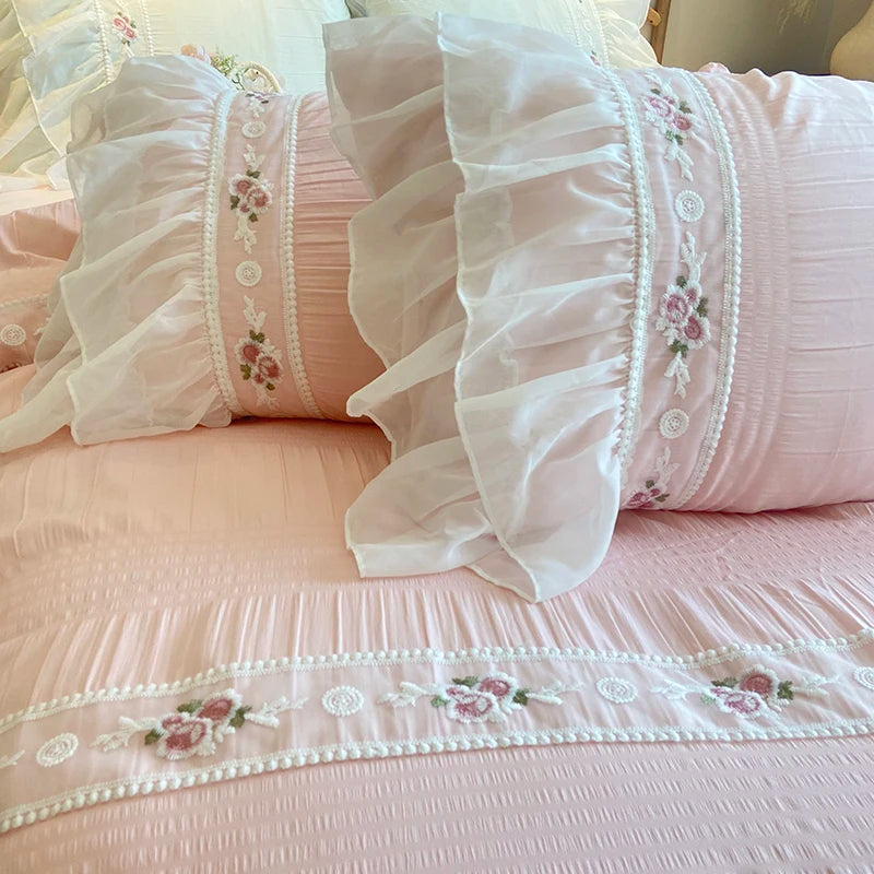 YOUMIKA  -  Pink Korean Princess Style Lace Ruffles Wedding Bedding Set Seersucker Washed Cotton Soft Duvet Cover Set Bed Sheet Pillowcases