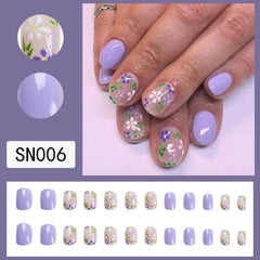 YOUMIKA  -  24Pcs Short Fake Nails Purple Round Head Design Artificial False Nails with Glue Press on Nails DIY Nail Art Manicure Tools