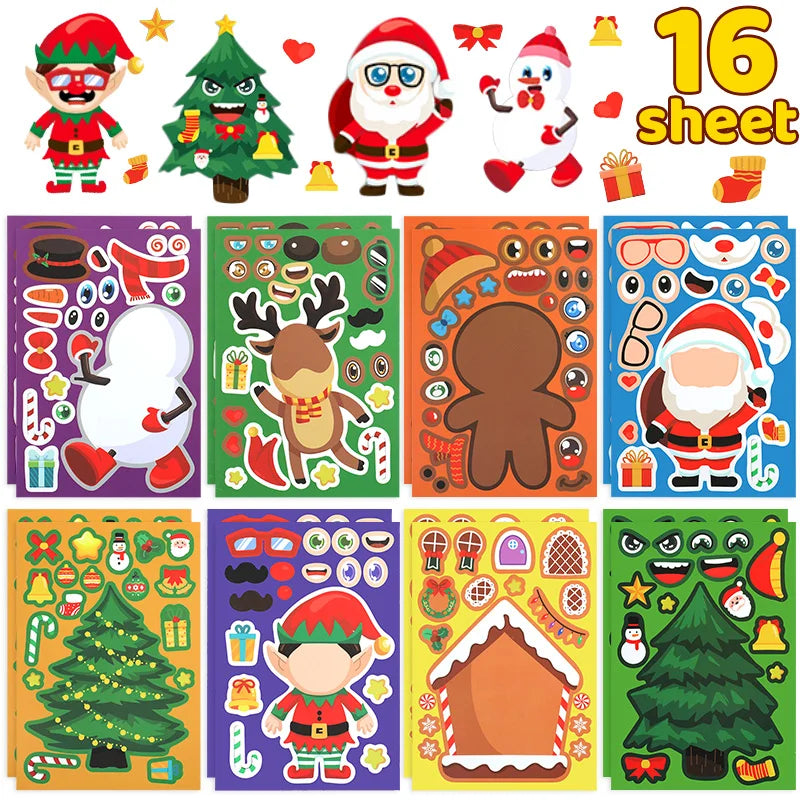 YOUMIKA  -  8/16Sheets Christmas Puzzle Stickers Santa Snowman Xmas Tree Make a Face Sticker Kids New Year Party Favors Toy Gift Decoration