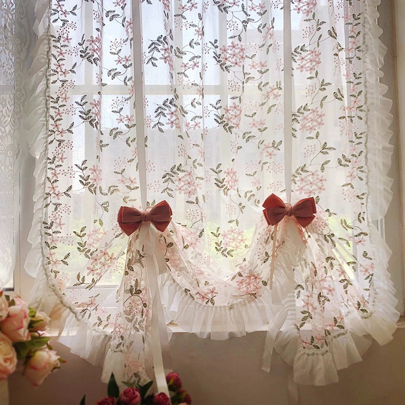 YOUMIKA  -  Pink Embroidered Lace Gauze Pleated Light-transmitting Punch-free Balcony Lift Curtains for Living Dining Room Bedroom