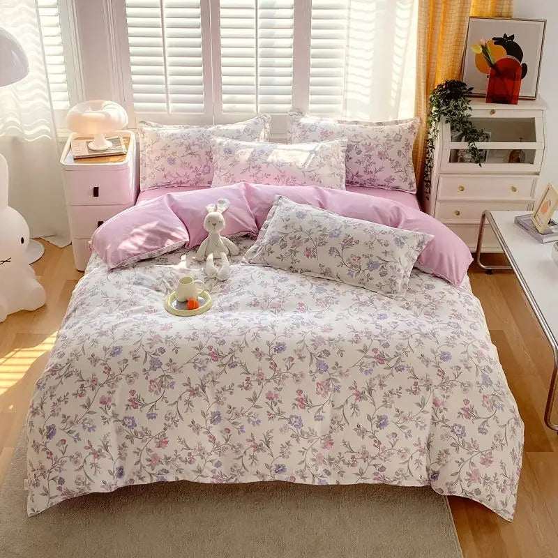 YOUMIKA  -  Pastoral Floral Bedding Set No Filler Soft Washed Cotton Duvet Cover Flat Sheet Pillowcase Full King Girls Adults Bed Linens