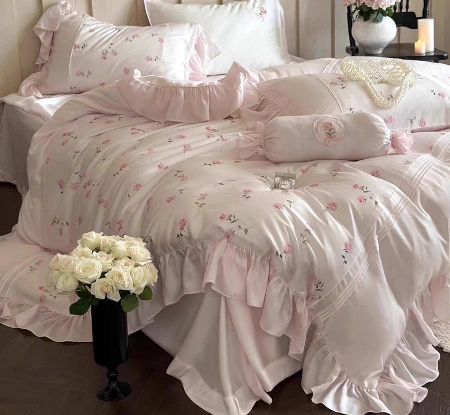 YOUMIKA  -  Romantic sweet french pink flower bedding set,full queen king fairyfair ruffled home textile bed sheet pillow case quilt cover