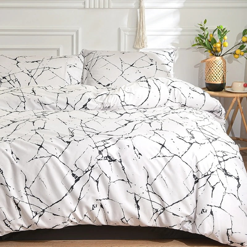 YOUMIKA  - White Stone with Black Veins Bedding Set