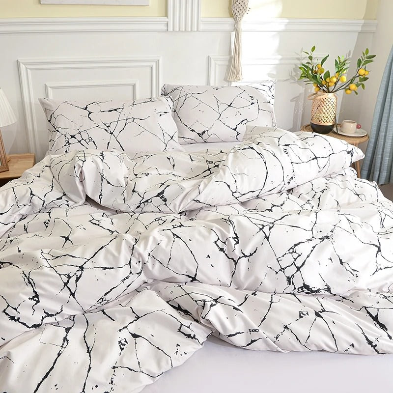 YOUMIKA  - White Stone with Black Veins Bedding Set