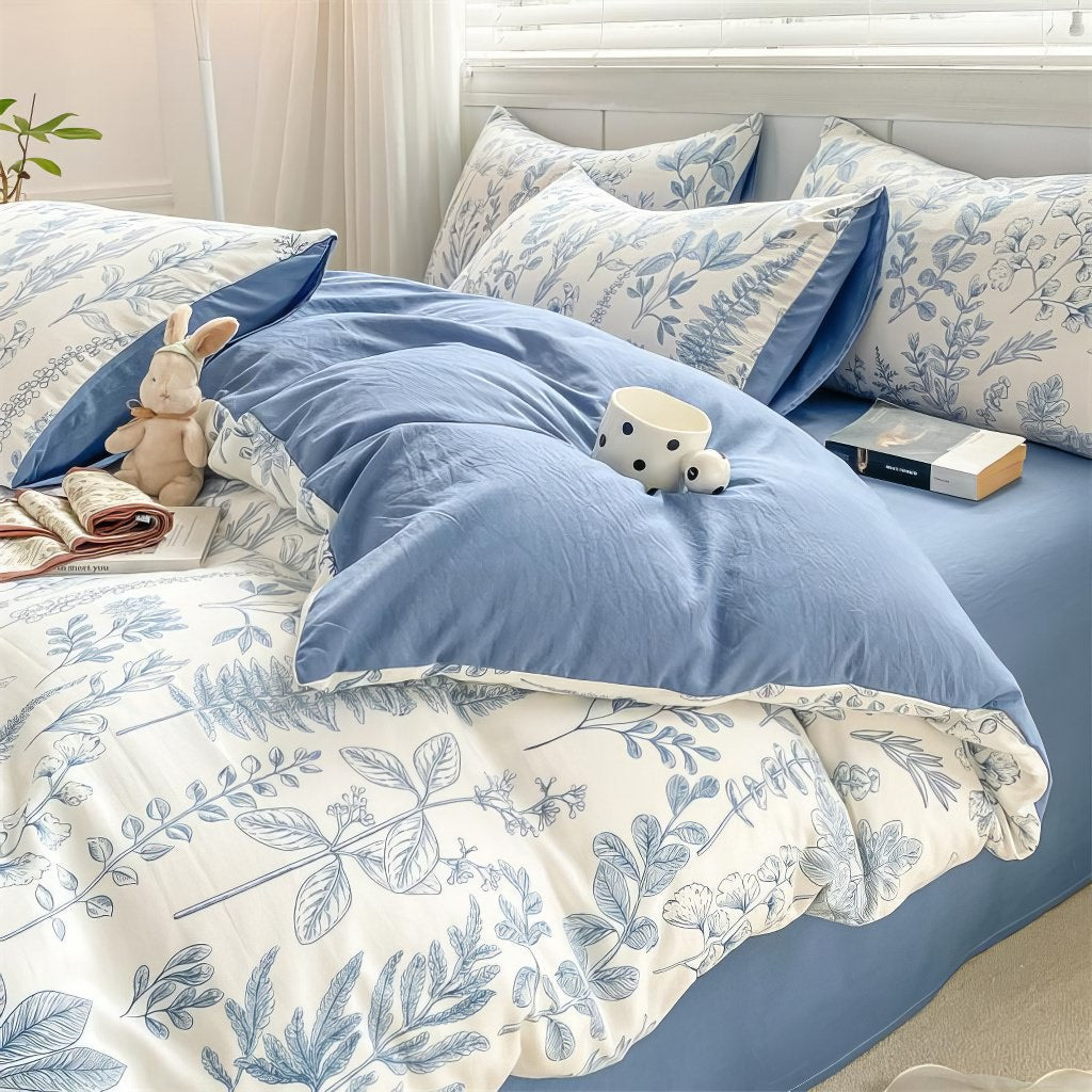 YOUMIKA  -  Monochrome Blue Wildflowers Print Bedding Set