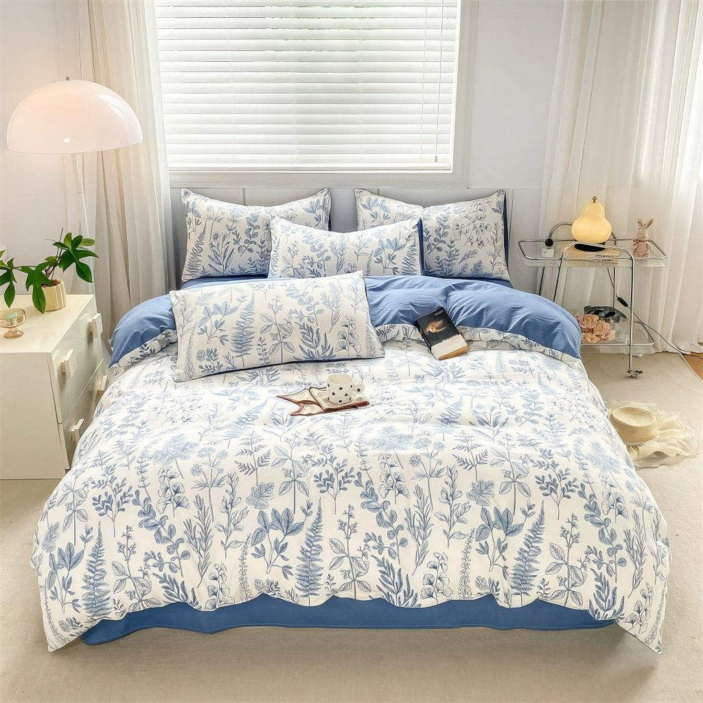 YOUMIKA  -  Monochrome Blue Wildflowers Print Bedding Set