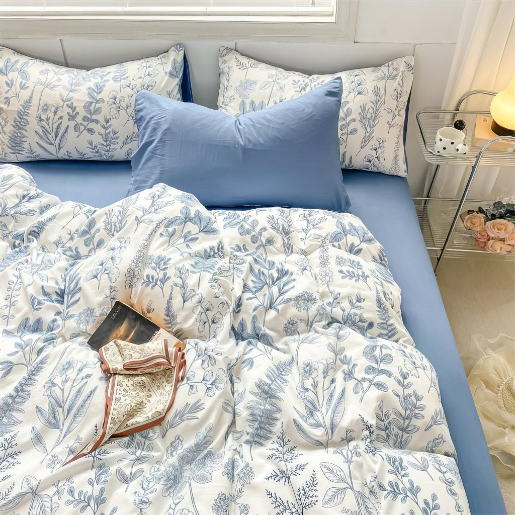 YOUMIKA  -  Monochrome Blue Wildflowers Print Bedding Set