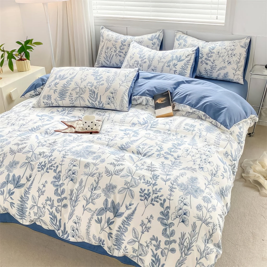 YOUMIKA  -  Monochrome Blue Wildflowers Print Bedding Set