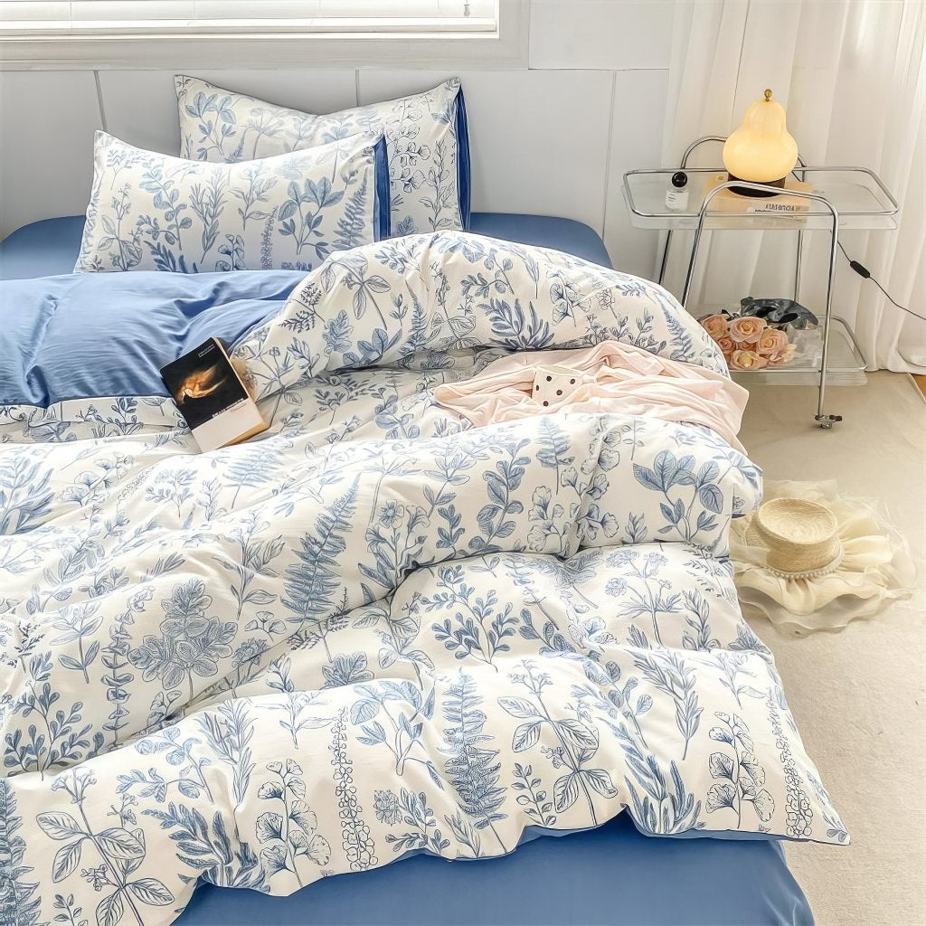 YOUMIKA  -  Monochrome Blue Wildflowers Print Bedding Set