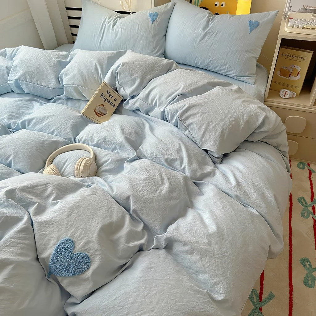 YOUMIKA  -  Blue Washed Cotton Bedding Set With Blue Embroidered Heart