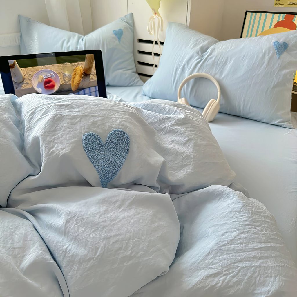 YOUMIKA  -  Blue Washed Cotton Bedding Set With Blue Embroidered Heart