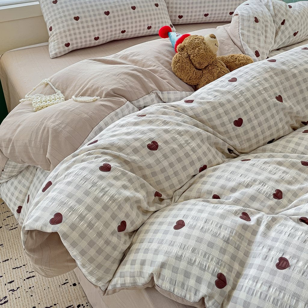 YOUMIKA  -  Red Hearts Gingham Pattern Bedding Set