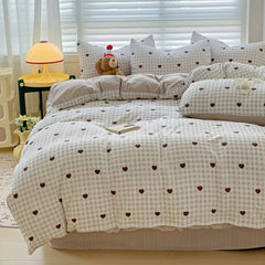 YOUMIKA  -  Red Hearts Gingham Pattern Bedding Set