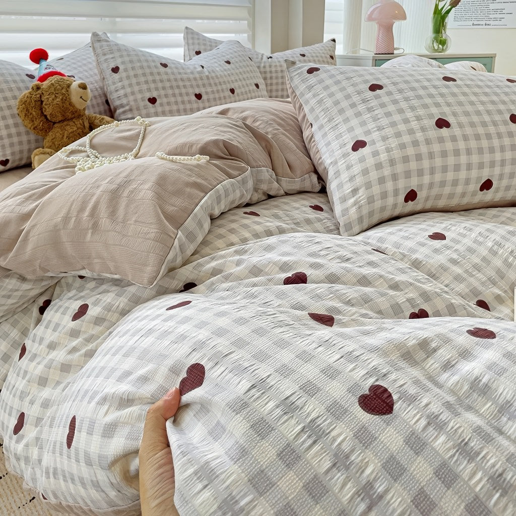 YOUMIKA  -  Red Hearts Gingham Pattern Bedding Set