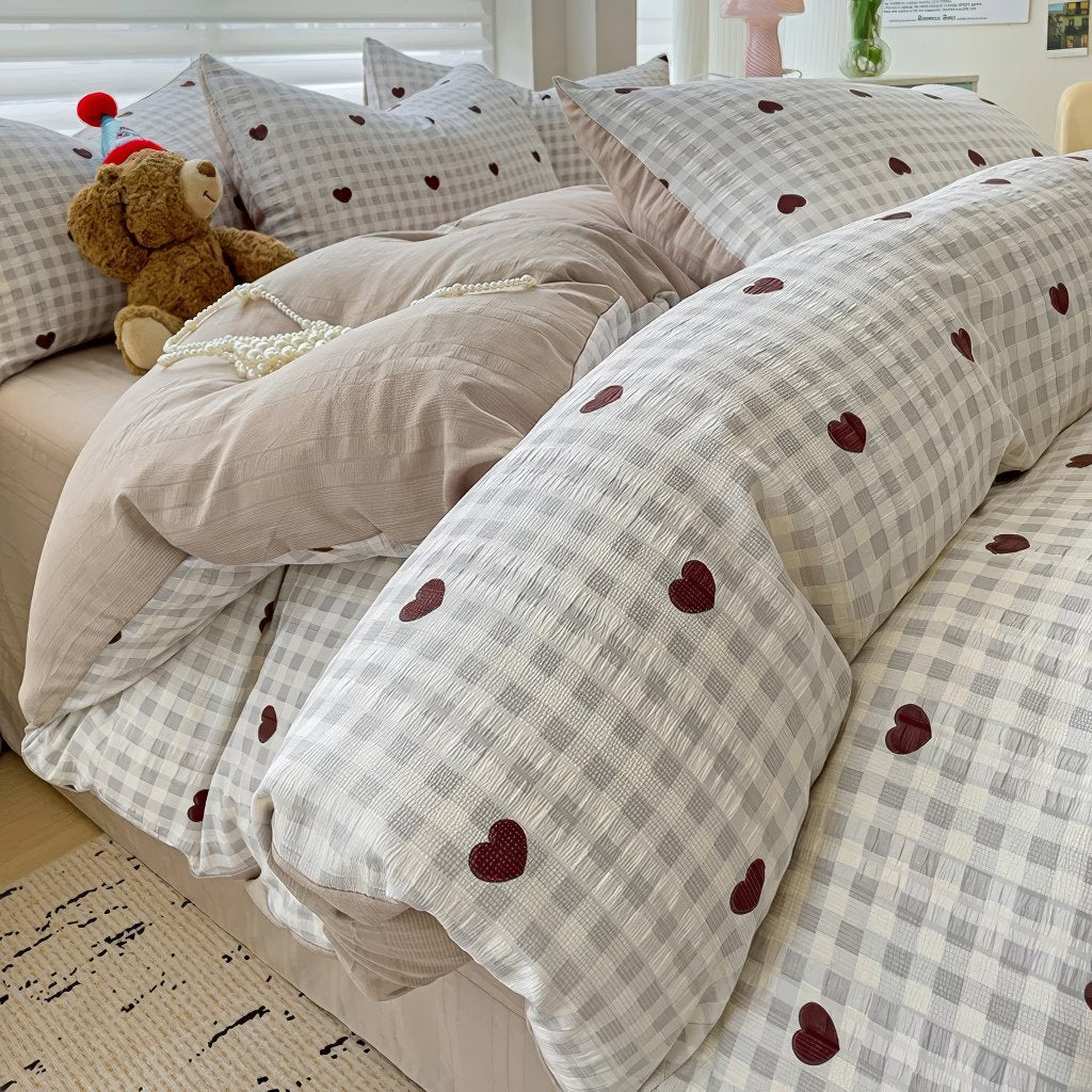 YOUMIKA  -  Red Hearts Gingham Pattern Bedding Set