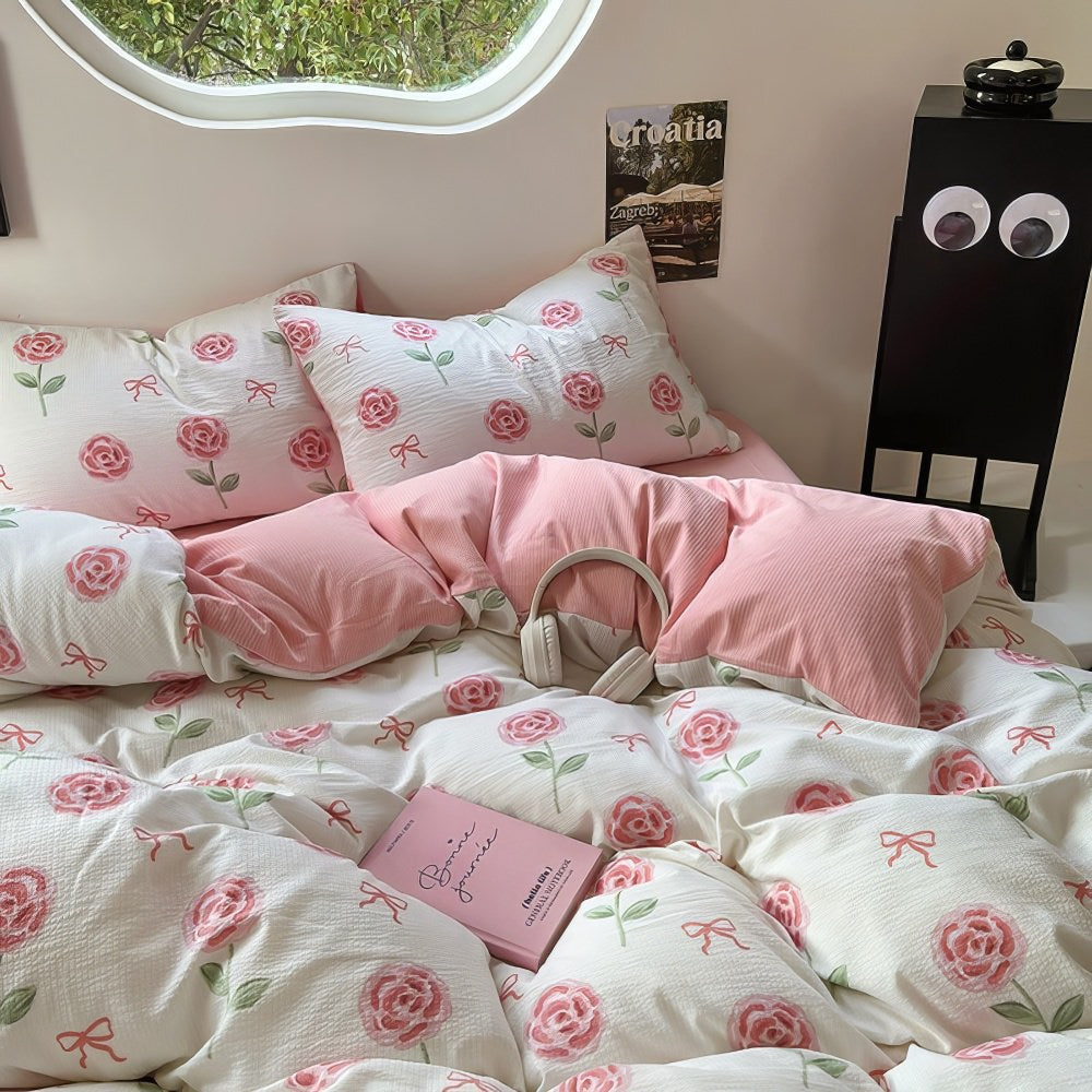 YOUMIKA  - Cute Pink Roses and Bows Bedding Set