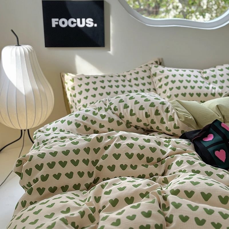 YOUMIKA  - Little Green Hearts Pattern Bedding Set