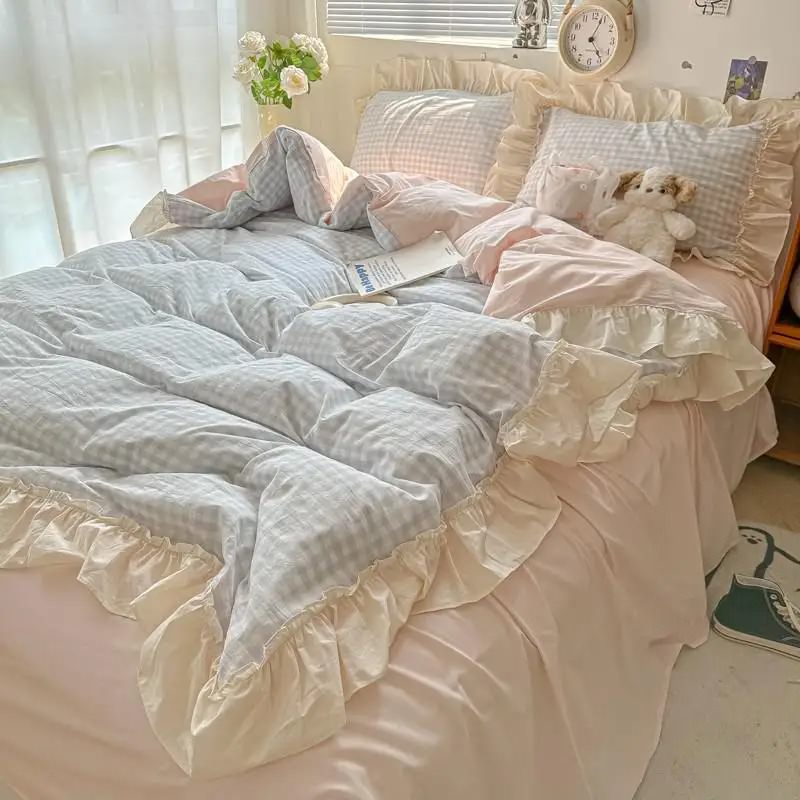 YOUMIKA  - Kawaii Pastel Plaid Ruffle Bedding Set