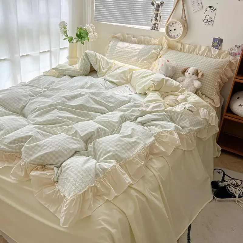 YOUMIKA  - Kawaii Pastel Plaid Ruffle Bedding Set