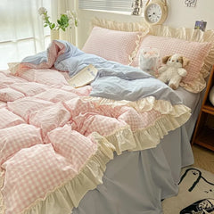 YOUMIKA  - Kawaii Pastel Plaid Ruffle Bedding Set