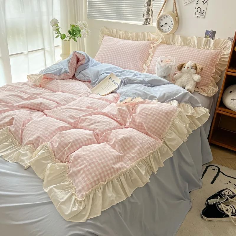 YOUMIKA  - Kawaii Pastel Plaid Ruffle Bedding Set