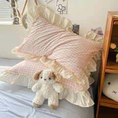 YOUMIKA  - Kawaii Pastel Plaid Ruffle Bedding Set